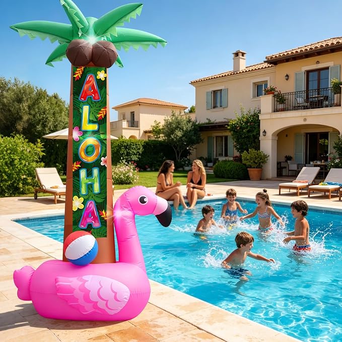 7FT Inflatable Pink Flamingo Palm Trees, Christmas in July Luau Beach Party Hawaiian Tropical Decors with Aloha Streamer, Pool Outdoor Decoration with Built-in LEDs for Summer Lawn Yard Beach