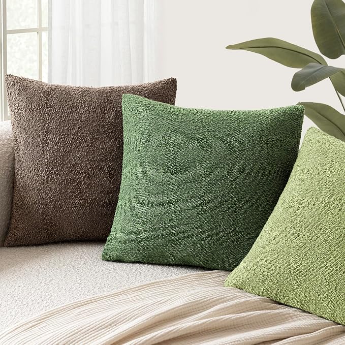 Foindtower Set of 2, Decorative Textured Boucle Throw Pillow Covers Accent Solid Pillow Cases Neutral Soft Cozy Couch Cushion Case for Chair Sofa Bedroom Living Room Home Decor 26x26 Inch Forest Green