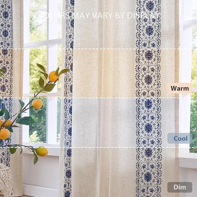 jinchan Weslie Boho Lined Linen Curtains for Bedroom Blue Vintage Floral Farmhouse Curtains 63 Inch Length Linen Drapes for Living Room Embroidered Drapes Rod Pocket Blue on Beige 2 Panels