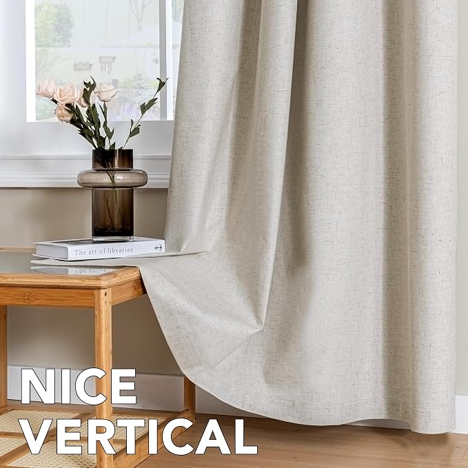 H.VERSAILTEX Linen Curtains 100% Blackout Curtains for Bedroom 54 inch Long Full Light Blocking Nature Linen Blended Window Curtains for Living Room Nickel Grommet (2 Panels, Heathered Linen)