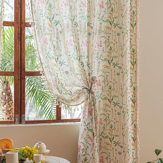 Deeprove Boho Curtains 63 Inches Length 2 Panels with Handmade Cream Tassel, Herbs Florals Print Textured Window Drapes for Living Room Bedroom Farmhouse Cottage Shabby Style Privacy, 52W x 63L