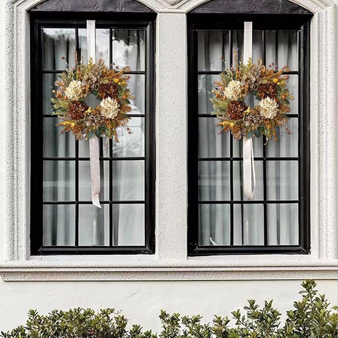 WANNA-CUL 24 Inch Fall Wreaths for Front Door with Hydrangea,Mini Pumpkins | Twig Base Rustic Autumn Wreath,Thanksgiving Farmhouse Decor, Fall Decorations For Home, Indoor Outdoor Halloween Harvest Gift