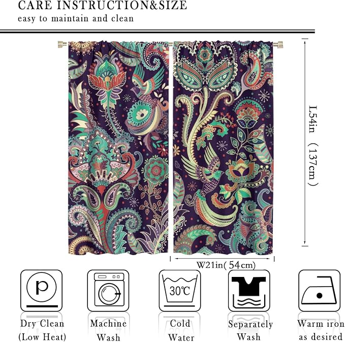 Boho Curtains, Traditional Geometric Ethnic Style Beautiful Floral Pattern, Blackout Curtains Living Room Bedroom Dim Room, 2 Panel Set, 42x54 in.