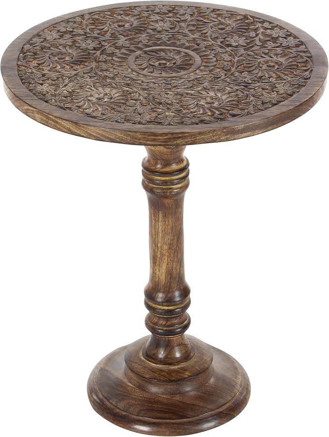 Deco 79 Mango Wood Floral Handmade Side End Accent Table Intricately Carved End Table with Turned Base, Side Table 17" x 17" x 21", Dark Brown