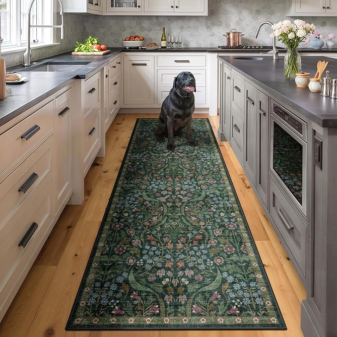 2.6x8 Machine Washable Runner Rug, Kitchen Hallway Area Rug Green Vintage Boho Floral Ultra Non-Slip Low Pile Soft Faux Wool Carpet Kids and Pets Friendly for Bedroom Entryway Nursery Decor Rug