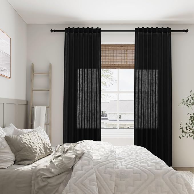 Black Curtains 96 Inches Long Cotton Linen Rod Pocket Back Tab Semi Sheer Black Drapes Privacy Light Filtering Lightweight Aesthetic Modern Elegant Boho Window Curtains 2 Panel Sets for Living Room
