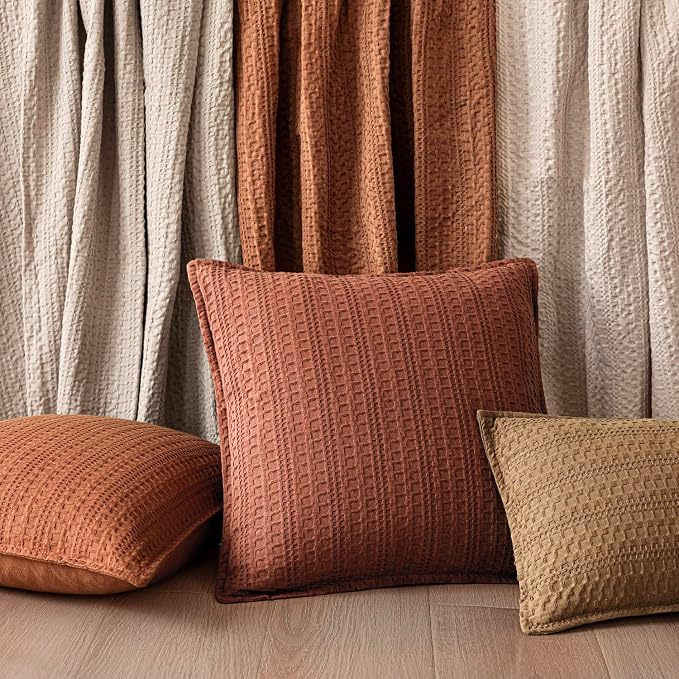 Foindtower Set of 2 Decorative Cotton Waffle Weave Throw Pillow Covers Euro Sham Cushion Covers Accent European Pillowcase For Bed Couch Sofa Bedroom Living Room Home Decor 24×24 Inch Fall Rust Orange
