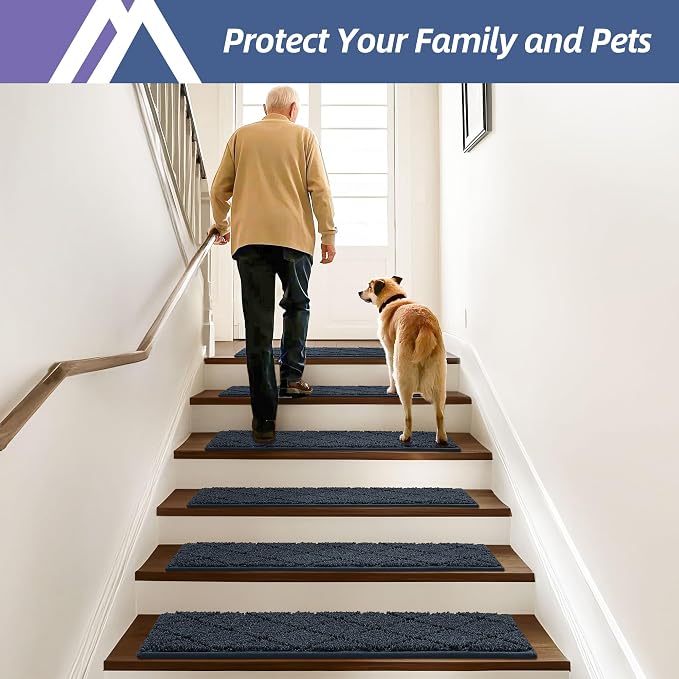 COSY HOMEER Edging Stair Treads Non-Slip Carpet Mat 28inX9in Indoor Stair Runners for Wooden Steps, Edging Stair Rugs for Kids and Dogs, 100% Polyester TPE Backing (4pc, Navy)