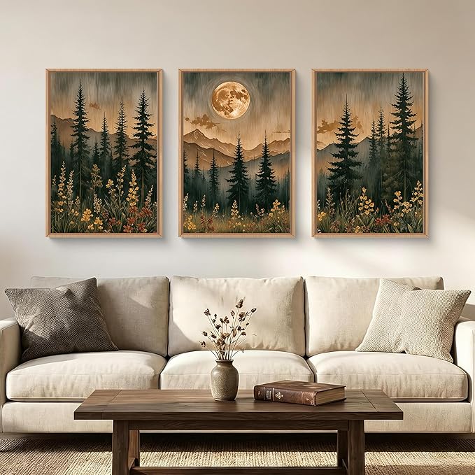 HOURIA Vintage Boho Nature Moonlight Forest Mountain Framed Canvas Wall Art Set,Wilderness Dark Moon Woodland Floral Decor,Retro Wildflower Field Landscape Artwork for Living Room,Farmhouse-24 x36 x3