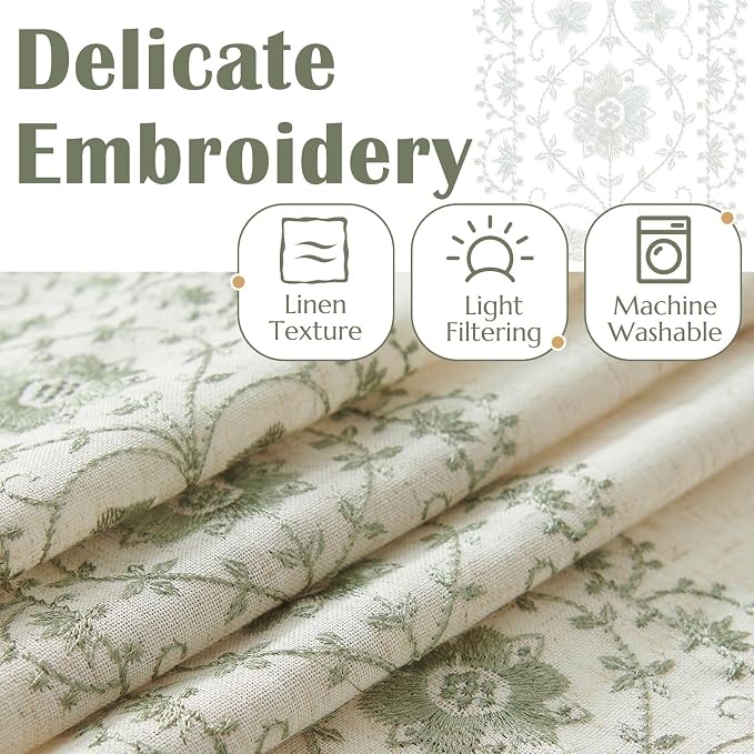 jinchan Weslie Boho Curtains for Bedroom 4 Pack Sage Green Vintage Floral Farmhouse Curtains 63 Inch Linen Drapes for Living Room Embroidered Light Filtering Drapes Cottagecore Sage on Beige