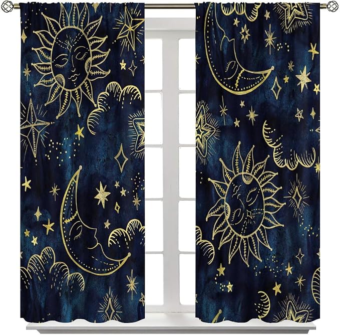 Boho Sun Moon Blackout Window Curtains, Bohemia Theme Sun Moon Stars Print Pattern Rod Pocket Window Drapes, for Living Room Bedroom 55x63in 2 Panels