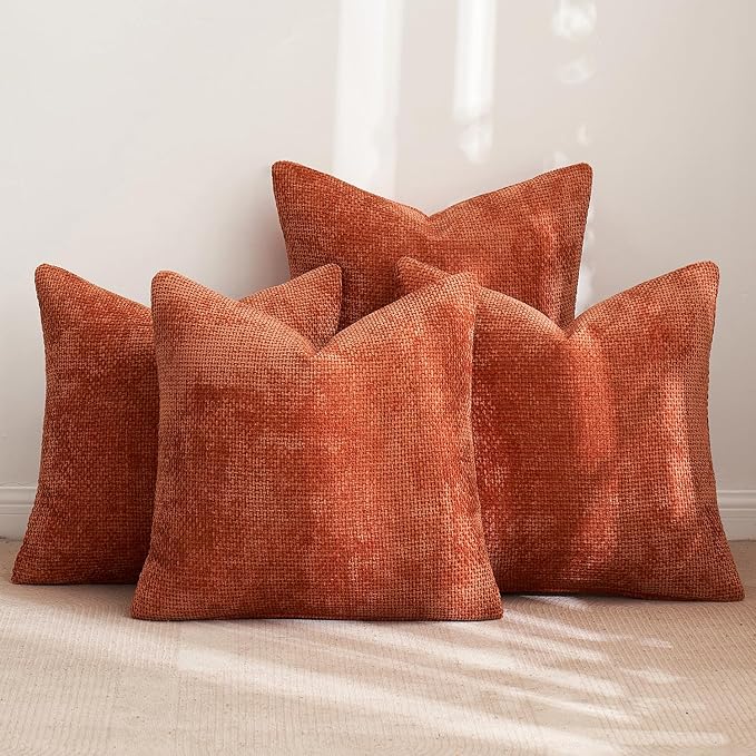 MIULEE Pack of 4 Couch Throw Pillow Covers 20x20 Inch Burnt Orange Soft Decorative Chenille Pillow Covers Farmhouse Accent Cushion Covers for Boho Fall Home Decor Sofa Bedroom Living Room