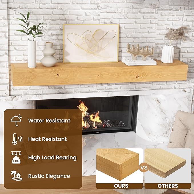 Acovy Floating Fireplace Mantel Shelves, 72x8x5 Inches Natural Wooden Floating Shelf for Over Fireplace, Wall-Mounted Mantel Shelf for Living Room and Home Decor, Rustic Natural