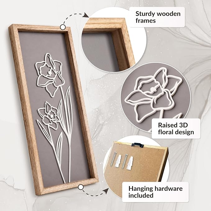 3D Wooden Floral Bathroom Wall Decor (Set of 4) Lightweight, Ready-to-Hang Framed Wall Art For Living Room, Bedroom, or Office - Premium Boho Botanical Farmhouse Decorations - Gift-Boxed