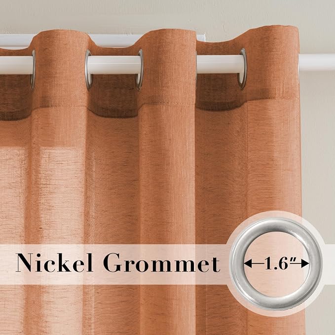 H.VERSAILTEX Linen Curtains Natural Linen Blended Curtain for Living Room/Light Reducing Linen Semi Sheer Curtains 2 Panels Set Nickel Grommet Window Panels (52x108 Inch, Orange)