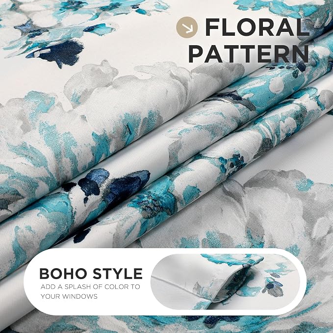 Joydeco Printed Curtains 96 inches Long,Blue Floral Blackout Curtains for Living Room 2 Panels,52 x 96 inch Rod Pocket Thermal Insulated Bohemian Drapes for Farmhouse,Bedroom,White