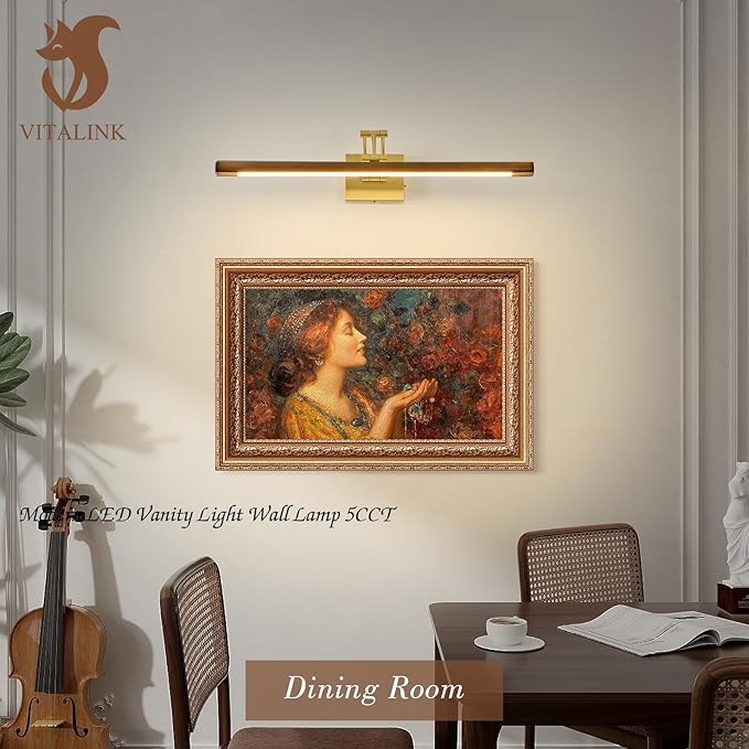 VitaLink Picture Lights for Wall, Hardwired 27.5" Long Gold Wall Picture Artwork Paintings Display Lighting Swing Arms Wooden Wall Lamp Bathroom Vanity Light Dimmable 5CCT