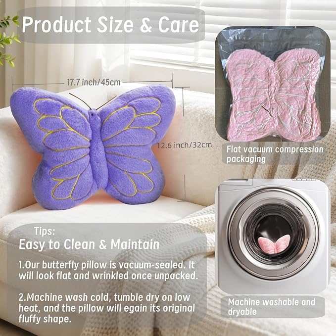 FALAX Butterfly Shaped Pillow 17.7" Soft Plush Decorative Throw Pillows | Soft Hugging Pillows, Comfort Seat Cushions, Aesthetics Room Decor, Cute Decorative Throw Pillows for Bedroom Couch Bed Dorm