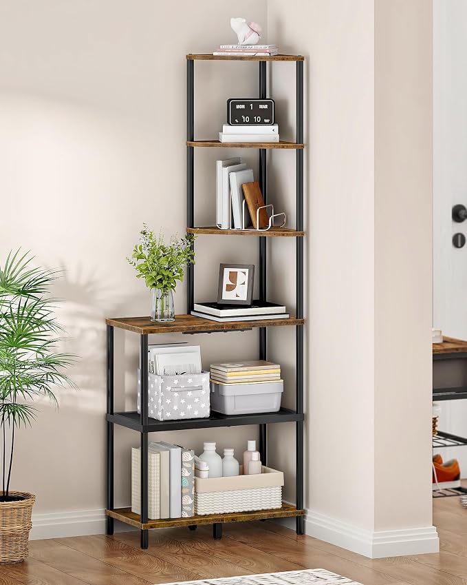 CHOEZON 6-Tier Corner Shelf, Industrial Corner Bookshelf with Desk Top, Diamond-Shaped Storage Shelves, Display Stand for Small Spaces, Living Room, Home Office, Foyer, Rustic Brown and Black TCJ70BF