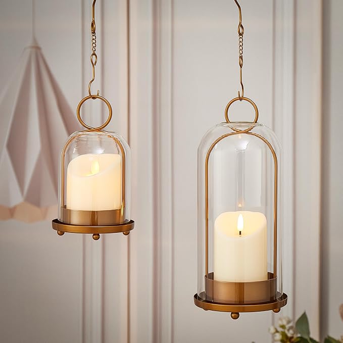 Hurricane Metal & Glass Candle Holder Set of 2 with Timer Candles, Decorative Candlestick Pillar Holder with Clear Glass for Wedding Party Holiday Dining Table Centerpiece Lanter, Gold