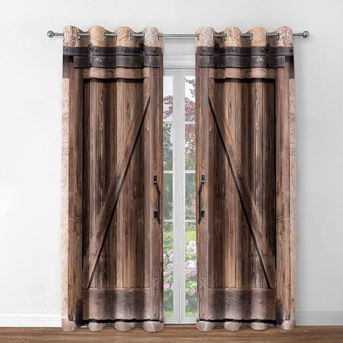 Jekeno Rustic Wood Blackout Curtains Vintage Wooden Barn Door Farmhouse Home Bedroom Living Room Decor Brown Grommet Window Drapes 2 Panel Set, 42"x84"