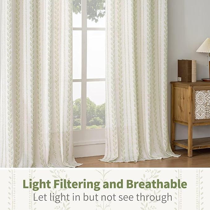 BGment Sage Green Curtains Spring Leaf Floral Print Cottage Core Botanical Curtains for Living Room Light Filtering Curtain 90 Inch Long for Farmhouse Rustic, Each 52 Inch Wide, 2 Panels Set