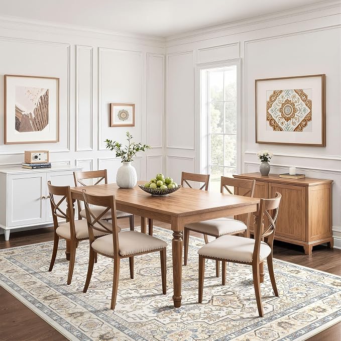 10x12 Area Rug Living Room: Washable Boho Large Neutral Vintage Soft Rug Stain Resistant Farmhouse Non-Slip Indoor Floor Carpet for Bedroom Nursery Kids Playroom Office Dining Room- Sand Blue