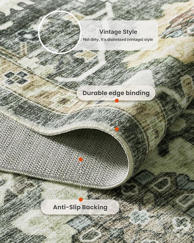 AMADA HOMEFURNISHING 8x10 Washable Area Rug, Low-Profile Large Area Rug with Non-Slip Backing & Durable Edge Binding, Vintage Large Rugs for Living Room, Bedroom, Dinning Room