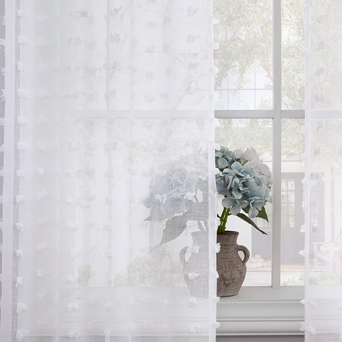 Pom Pom Sheer White Curtains 108 Inches Length White Semi Sheer 2 Panels Farmhouse Boho Pattern Design Voile Draperies Floor to Ceiling Curtains for Living Room Bedroom Back Tab Extra Long 108 Inch