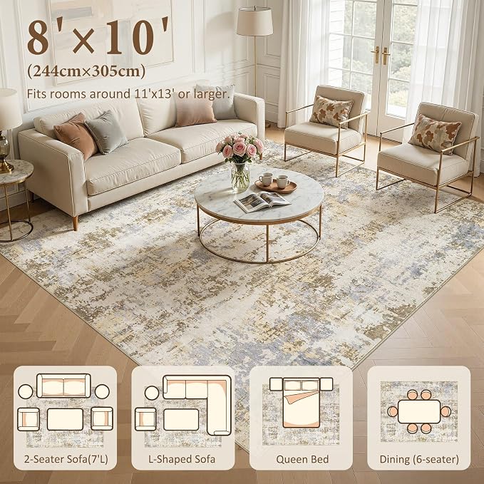 Area Rugs 8x10 Living Room: Washable Large Abstract Modern Neutral Soft Rug Stain Resistant Non-Slip Backing Carpet for Bedroom Dining Room Indoor Nursery Dorm Home Office Decor - Brown