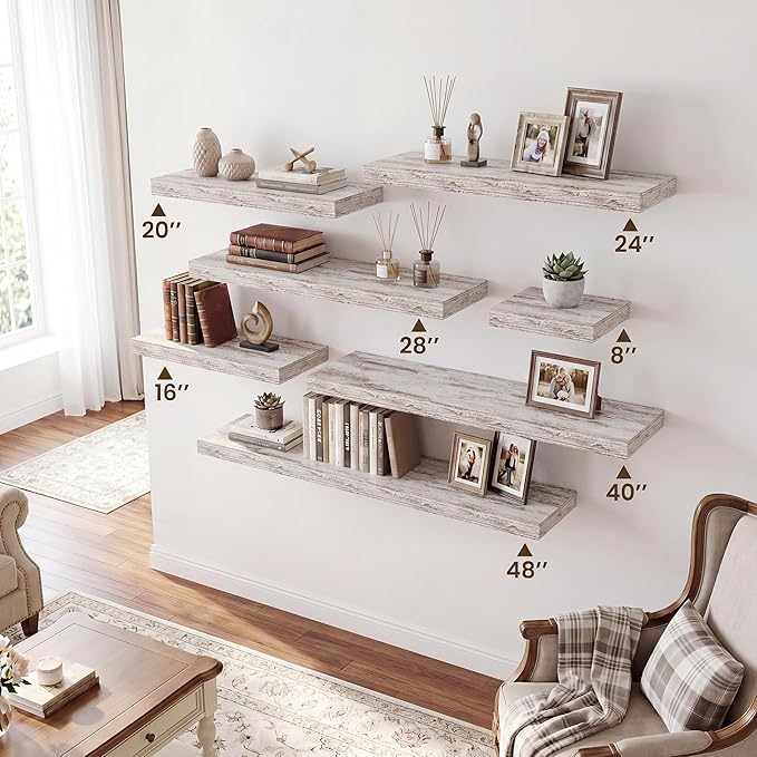 RICHFOCUS 8 Inch Floating Shelves for Wall Small Square Shelves Set for Plant|Bedroom|Kitchen|Bathroom Rustic Wood Wall Mounted Shelf with Invisible Brackets for Books|Storage|Decor, Rustic White