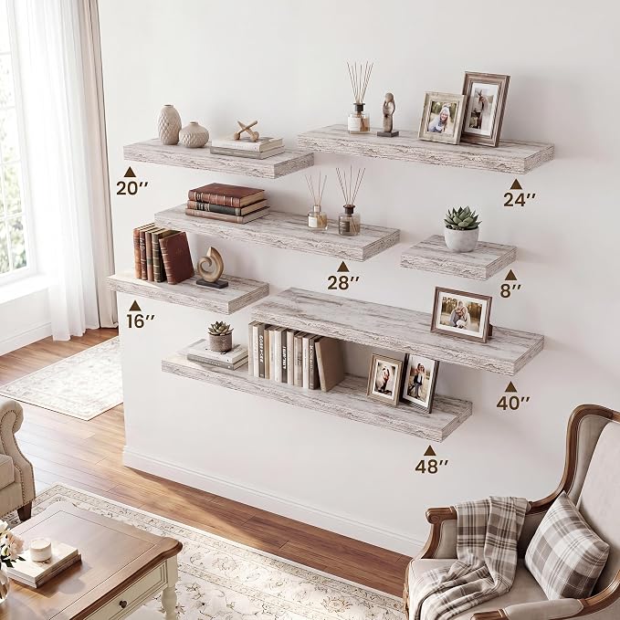 RICHFOCUS 40Inch Floating Shelves for Wall 2 Pack Shelves for Bedroom|Kitchen|Bathroom|Laundry Room Rustic Wood Wall Mounted Shelf with Invisible Brackets for Books|Storage|Decor, Rustic White