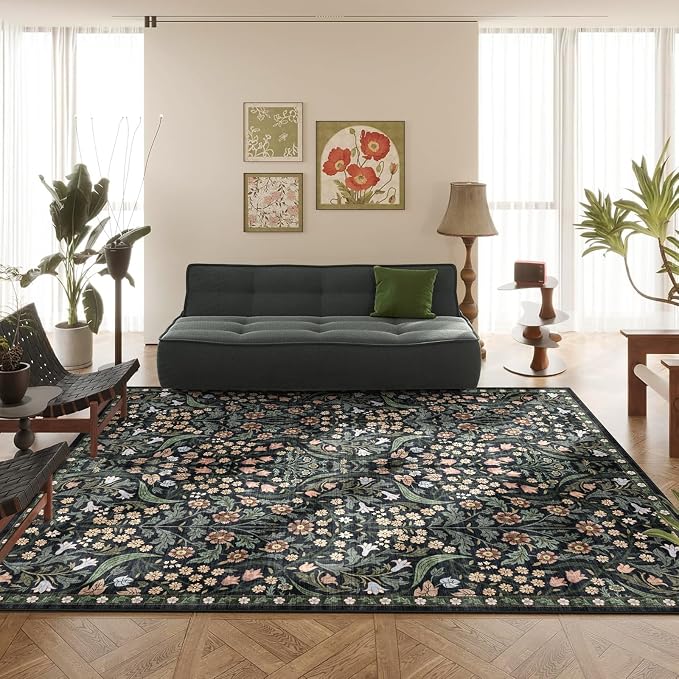 8x10 Washable Area Rug for Living Room, Floral Non-Slip Non-Shedding & Easy Care Soft Low Pile Forest Boho Indoor Floor Carpet for Living Room Bedroom Farmhouse Dining Room Kids Playroom Black
