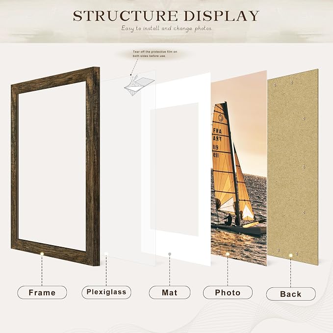 Picrit 16x20 Picture Frame 3 Pack, Wooden Brown Rustic Poster Frame, Display Poster 11 x 14 with Mat or 16 x 20 without Mat for Horizontal or Vertical Wall Mounting