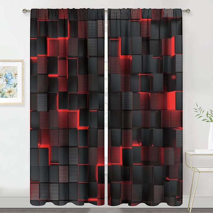 MESHELLY Abstract Red Black Curtains 52Wx84H Inch Rod Pocket Modern 3D Gradient Design Futuristic Geometric Cubes Bedroom Window Drapes Man Boys Printed Living Room Window Treatment Fabric 2 Panels