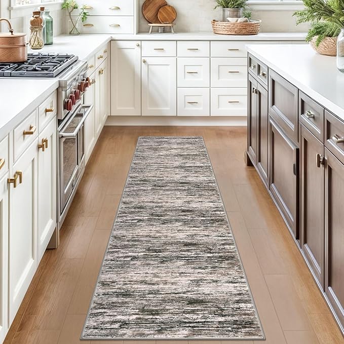 SIILOOM 2x7 Modern Abstract Runner Rug for Hallways, Brown Green Black White Super Soft Hallway Decor Kitchen Rugs with Non-Slip, Non-Shedding Washable Rug for Hallways Entryway Bedroom Indoor