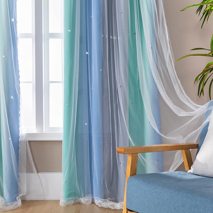 XiDi Curtains for Bedroom Decor, Rainbow BluGrenGrey-52-90