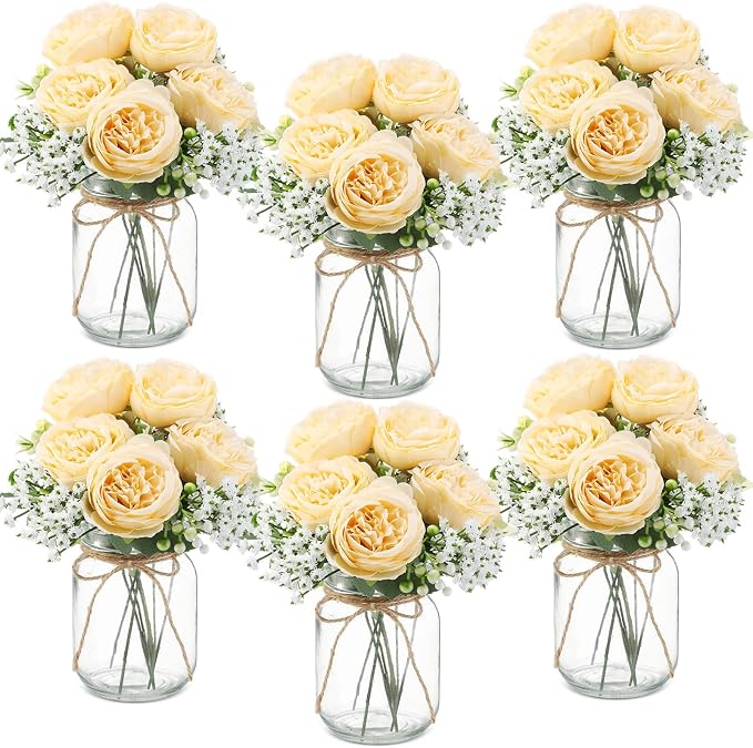 Zeyune 6 Sets Mason Jar Centerpiece Table Decorations, Artificial Peony Baby's Breath Flower Bouquets, Faux Flowers with Vase, Rustic Decor Gifts for Home, Wedding, Holiday (Champagne)