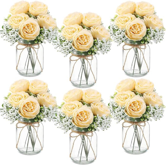 Zeyune 6 Sets Mason Jar Centerpiece Table Decorations, Artificial Peony Baby's Breath Flower Bouquets, Faux Flowers with Vase, Rustic Decor Gifts for Home, Wedding, Holiday (Champagne)