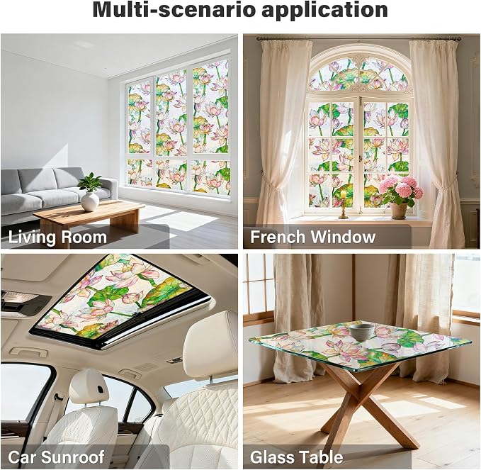 Donox Window Privacy Film Static Cling, Decorative Stained Glass Style Tint, Lotus Pattern with Rainbow Effect for Home and Office, UV Blocking No Glue Removable, 17.5 x 157.4 inches