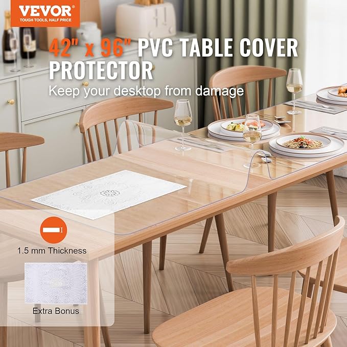 VEVOR Plastic Table Cover, 42 x 96 Inch 1.5 mm Thick Clear Rectangle PVC Desk Mat Protector, Waterproof & Easy Cleaning Desk Pad Tablecloth, for Office Dresser, Dining Room, Night Stand