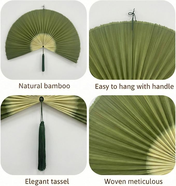 SUCHUBU Bi-Color Green White Wall Fan, 60" Handwoven Bamboo Decor, Large Japanese Hanging Fan, Botanical Asian Wall Art, Modern Boho Living Room Accent (Green White, Extra Large)