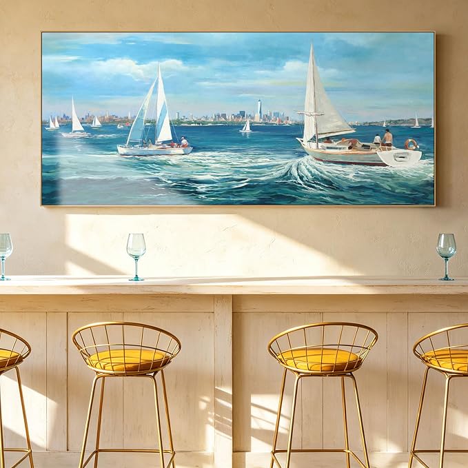 Sailboat Wall Art for Living Room Framed Canvas Beach Artwork for Walls | Extra Large 70x31 Inches Landscape Modern Seascape Picture Sailboat Artwork for Bedroom Bathroom Office Home Wall Decor