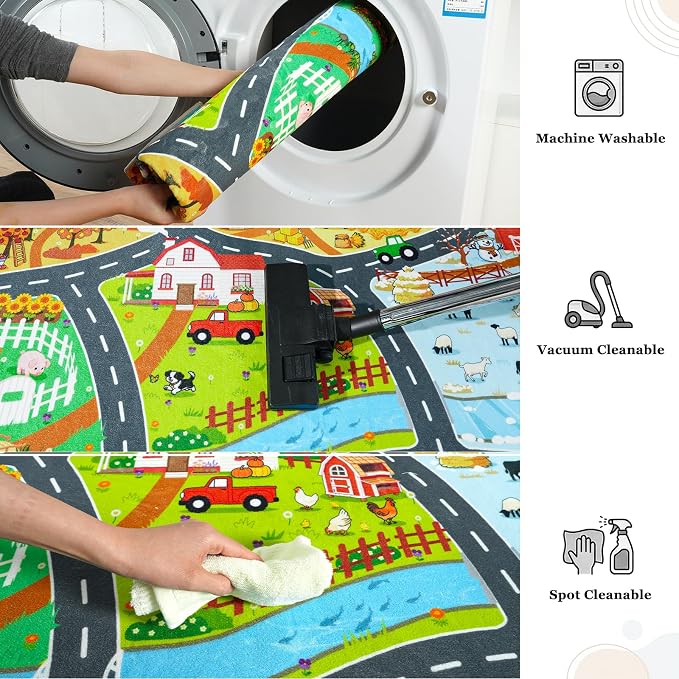 Kids Car Rug Play Mat for Toy Cars, Round 47" Town Country Barn Track Four Seasons Farm Traffic Carpet, Non-Slip Washable Area Rug for Kids Room Bedroom Play Area, Fun Learning Rugs for Children
