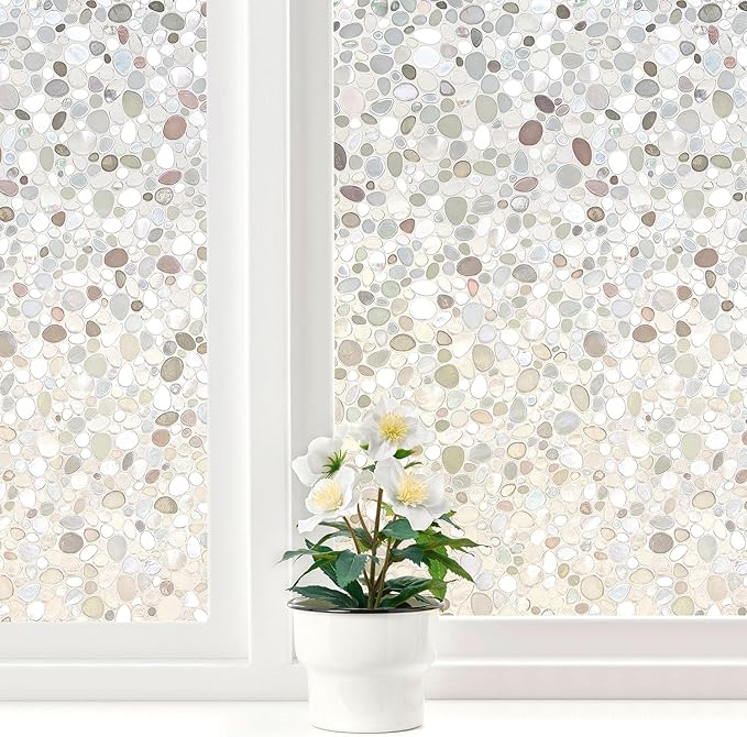 Lemon Cloud Window Privacy Film, Stained Glass Decorative Static Clings, Frosted UV Blocking Colorful Rainbow Window Stickers, Renter-Friendly Non-Adhesive Vinyl Covering, Pebble Pattern, 23.6"×78.7"