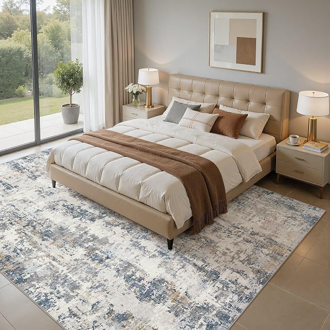 6x9 Area Rug Living Room Rugs: Washable Large Soft Abstract Modern Neutral Rug Stain Resistant & Non-Slip Low-Pile Carpet for Bedroom Dining Nursery Home Office Room Decor - Grey Blue