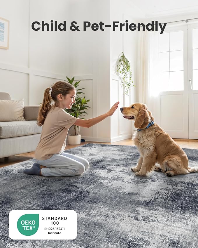 AMADA HOMEFURNISHING 9x12 Area Rugs for Living Room, Modern Large Area Rugs with Non-Slip Backing & Low Pile, Neutral Soft Washable Rug for Nursery, Bedroom, Dinning Room, Playroom, Grey