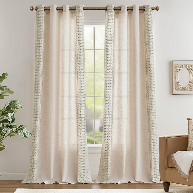 jinchan Boho Curtains for Bedroom Linen Blend Curtains Sage Green Embroidered Bordered Living Room Drapes 96 Inch Length Light Filtering Grommet Window Treatments 2 Panels Sage on Beige