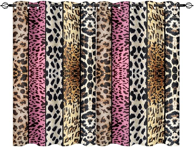 Wild Animal Print Curtain, Room Darkening Thermal Insulated Blackout Leopard Boa Window Drapes with Grommets for Living, Dining, Bedroom, Pink Leopard Print, 52"x 60", 2 Panels