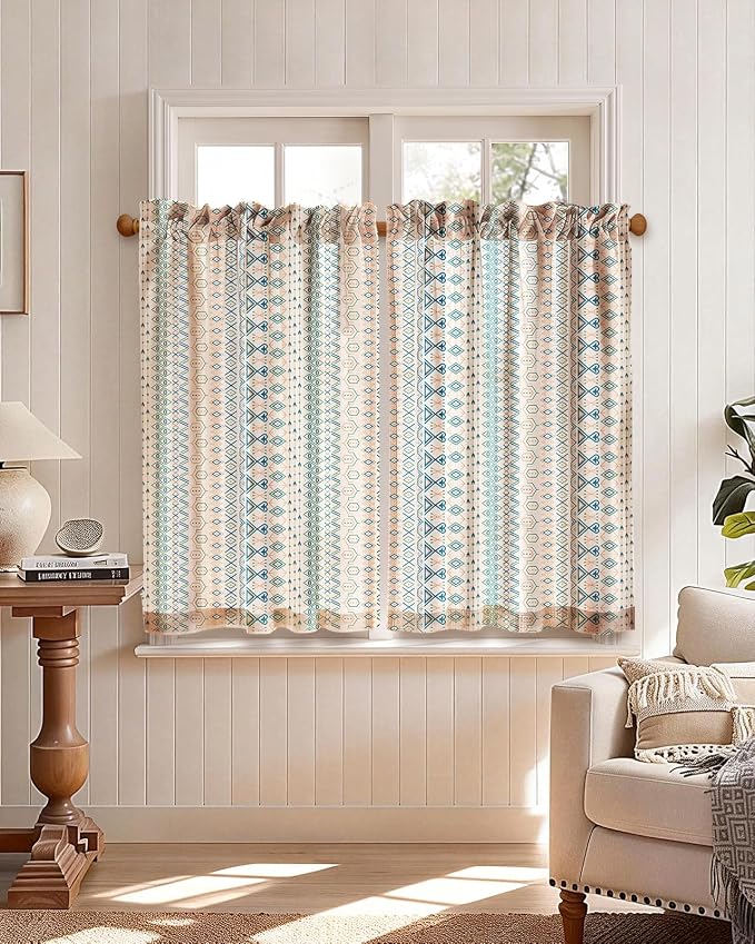 Miss Adola Boho Kitchen Tier Curtains - 45 Inch Length Linen Blend Cafe Curtains Farmhouse Small Window Treatments Over Sink Rod Pocket for Bathroom Living Room Light Filtering, 2 Panels